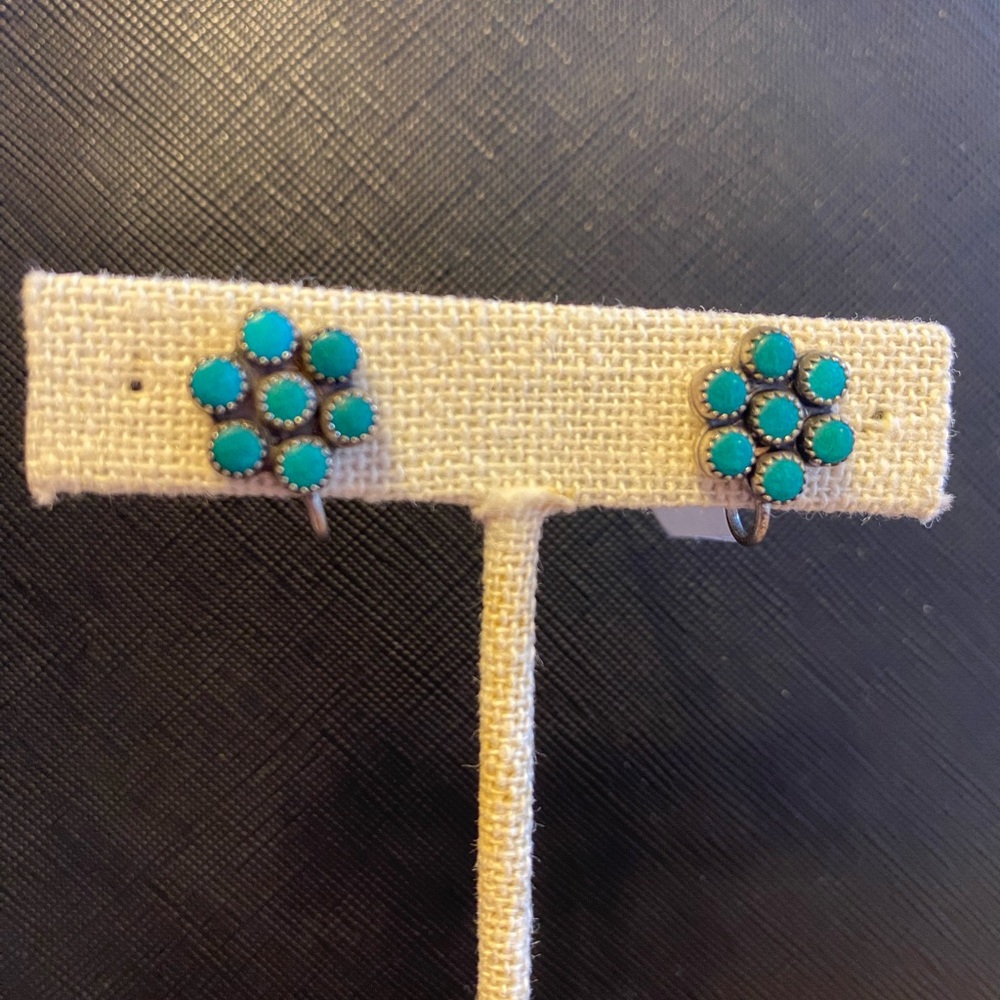 Vtg 50s Sterling Silver Turquoise Floral Screw Back Earrings